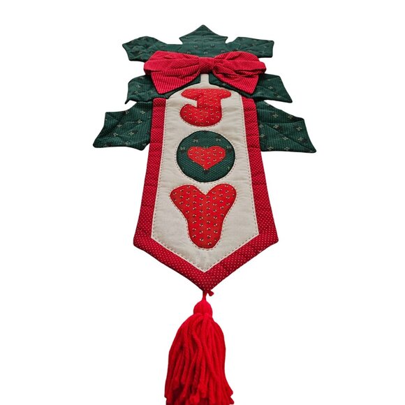 Quilted Joy Christmas Wall Hanging 29" Decoration Red Polka Dot Bow & Tassels vt - Picture 2 of 7